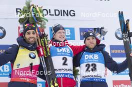 14.01.2018, Ruhpolding, Germany (GER): Martin Fourcade (FRA), Johannes Thingnes Boe (NOR), Antonin Guigonnat (FRA), (l-r) -  IBU world cup biathlon, mass men, Ruhpolding (GER). www.nordicfocus.com. © Manzoni/NordicFocus. Every downloaded picture is fee-liable.