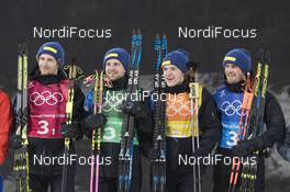 23.02.2018, Pyeongchang, Korea (KOR): Peppe Femling (SWE), Jesper Nelin (SWE), Sebastian Samuelsson (SWE), Fredrik Lindstroem (SWE), (l-r) - XXIII. Olympic Winter Games Pyeongchang 2018, biathlon, relay men, Pyeongchang (KOR). www.nordicfocus.com. © Manzoni/NordicFocus. Every downloaded picture is fee-liable.