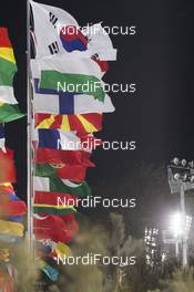 11.02.2018, Pyeongchang, Korea (KOR): Event Feature: Flags in the wind - XXIII. Olympic Winter Games Pyeongchang 2018, biathlon, sprint men, Pyeongchang (KOR). www.nordicfocus.com. © Manzoni/NordicFocus. Every downloaded picture is fee-liable.