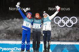 10.02.2018, Pyeongchang, Korea (KOR): Marte Olsbu (NOR), Laura Dahlmeier (GER), Veronika Vitkova (CZE), (l-r) - XXIII. Olympic Winter Games Pyeongchang 2018, biathlon, sprint women, Pyeongchang (KOR). www.nordicfocus.com. © Manzoni/NordicFocus. Every downloaded picture is fee-liable.