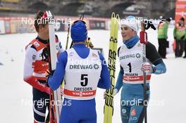 13.01.2018, Dresden, Germany (GER): Johannes Hoesflot Klaebo (NOR), Federico Pellegrino (ITA), Lucas Chanavat (FRA) - FIS world cup cross-country, individual sprint, Dresden (GER). www.nordicfocus.com. © Thibaut/NordicFocus. Every downloaded picture is fee-liable.