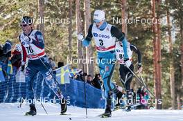 17.03.2018, Falun Sweden (SWE): Patrick Caldwell (USA), Lucas Chanavat (FRA), (l-r)  - FIS world cup cross-country, mass men, Falun (SWE). www.nordicfocus.com. © Modica/NordicFocus. Every downloaded picture is fee-liable.
