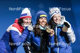 10.02.2018, Pyeongchang, Korea (KOR): Marit Bjoergen (NOR), Charlotte Kalla (SWE), Krista Parmakoski (FIN), (l-r)  - XXIII. Olympic Winter Games Pyeongchang 2018, cross-country, medals, Pyeongchang (KOR). www.nordicfocus.com. © Modica/NordicFocus. Every downloaded picture is fee-liable.