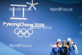 10.02.2018, Pyeongchang, Korea (KOR): Marit Bjoergen (NOR), Charlotte Kalla (SWE), Krista Parmakoski (FIN), (l-r)  - XXIII. Olympic Winter Games Pyeongchang 2018, cross-country, medals, Pyeongchang (KOR). www.nordicfocus.com. © Modica/NordicFocus. Every downloaded picture is fee-liable.