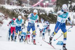 11.02.2018, Pyeongchang, Korea (KOR): Jens Burman (SWE), Marcus Hellner (SWE), Calle Halfvarsson (SWE), (l-r)  - XXIII. Olympic Winter Games Pyeongchang 2018, cross-country, skiathlon men, Pyeongchang (KOR). www.nordicfocus.com. © Modica/NordicFocus. Every downloaded picture is fee-liable.