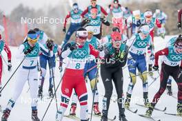 10.02.2018, Pyeongchang, Korea (KOR): Krista Parmakoski (FIN), Marit Bjoergen (NOR), Victoria Carl (GER), Nathalie Von Siebenthal (SUI), (l-r)  - XXIII. Olympic Winter Games Pyeong Chang 2018, cross-country, skiathlon women, Pyeong Chang (KOR). www.nordicfocus.com. © Modica/NordicFocus. Every downloaded picture is fee-liable.