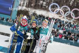 10.02.2018, Pyeongchang, Korea (KOR): Marit Bjoergen (NOR), Charlotte Kalla (SWE), Krista Parmakoski (FIN), (l-r)  - XXIII. Olympic Winter Games Pyeong Chang 2018, cross-country, skiathlon women, Pyeong Chang (KOR). www.nordicfocus.com. © Modica/NordicFocus. Every downloaded picture is fee-liable.