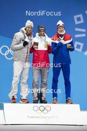 18.02.2018, Pyeongchang, Korea (KOR): Andreas Wellinger (GER), Kamil Stoch (POL), Robert Johansson (NOR), (l-r) - XXIII. Olympic Winter Games Pyeongchang 2018, ski jumping, medals, Pyeongchang (KOR). www.nordicfocus.com. © Manzoni/NordicFocus. Every downloaded picture is fee-liable.