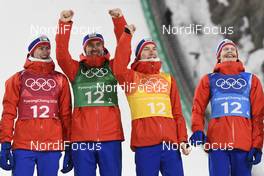 19.02.2018, Pyeongchang, Korea (KOR): Daniel Andre Tande (NOR), Andreas Stjernen (NOR), Johann Andre Forfang (NOR), Robert Johansson (NOR), (l-r) - XXIII. Olympic Winter Games Pyeongchang 2018, ski jumping, team HS140, Pyeongchang (KOR). www.nordicfocus.com. © Thibaut/NordicFocus. Every downloaded picture is fee-liable.