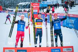 05.12.2021, Lillehammer, Norway (NOR): Johannes Lamparter (AUT), Jarl Magnus Riiber (NOR), Eric Frenzel (GER), (l-r) - FIS world cup nordic combined men, individual gundersen HS138/10km, Lillehammer (NOR). www.nordicfocus.com. © Modica/NordicFocus. Every downloaded picture is fee-liable.
