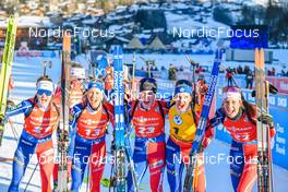 18.12.2022, Annecy-Le Grand Bornand, France (FRA): Lou Jeanmonnot (FRA), Anais Chevalier-Bouchet (FRA), Sophie Chauveau (FRA), Julia Simon (FRA), Chloe Chevalier (FRA), (l-r)  -  IBU World Cup Biathlon, mass women, Annecy-Le Grand Bornand (FRA). www.nordicfocus.com. © Authamayou/NordicFocus. Every downloaded picture is fee-liable.
