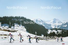 25.03.2022, Zweisimmen-Sparenmoos, Switzerland (SUI): Jonas Baumann (SUI), Beda Klee (SUI), Dario Cologna (SUI), Ueli Schnider (SUI), Marino Capelli (SUI), Candide Pralong (SUI), (l-r)  - Swiss Championships cross-country, skiathlon, Zweisimmen-Sparenmoos (SUI). www.nordicfocus.com. © Modica/NordicFocus. Every downloaded picture is fee-liable.
