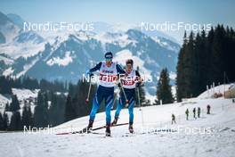 25.03.2022, Zweisimmen-Sparenmoos, Switzerland (SUI): Dario Cologna (SUI), Beda Klee (SUI), (l-r)  - Swiss Championships cross-country, skiathlon, Zweisimmen-Sparenmoos (SUI). www.nordicfocus.com. © Modica/NordicFocus. Every downloaded picture is fee-liable.
