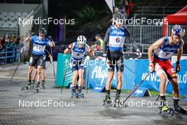 31.08.2022, Oberstdorf, Germany (GER): Laurent Muhlethaler (FRA), Martin Fritz (AUT), Eric Frenzel (GER), (l-r)  - FIS Nordic Combined Summer Grand Prix men and women, individual gundersen HS137/10km men, Oberstdorf (GER). www.nordicfocus.com. © Volk/NordicFocus. Every downloaded picture is fee-liable.