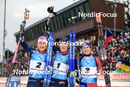 04.03.2023, Nove Mesto, Czech Republic (CZE): Ingrid Landmark Tandrevold (NOR), Marte Olsbu Roeiseland (NOR), Anais Chevalier-Bouchet (FRA), (l-r) - IBU World Cup Biathlon, pursuit women, Nove Mesto (CZE). www.nordicfocus.com. © Manzoni/NordicFocus. Every downloaded picture is fee-liable.