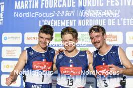 02.09.2023, Annecy, France (FRA): Michal Novak (CZE), Victor Lovera (FRA), Hugo Lapalus (FRA), (l-r) - Martin Fourcade Nordic Festival, Annecy (FRA). www.nordicfocus.com. © Authamayou/NordicFocus. Every downloaded picture is fee-liable.