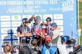 02.09.2023, Annecy, France (FRA): Emilien Jacquelin (FRA), Vetle Sjaastad Christiansen (NOR), Sturla Holm Laegreid (NOR), (l-r) - Martin Fourcade Nordic Festival, Annecy (FRA). www.nordicfocus.com. © Manzoni/NordicFocus. Every downloaded picture is fee-liable.