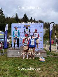 16.09.2023, La Feclaz, France (FRA): Marie Hericher (FRA), Matilda Dodos (FRA), Emie Faivre (FRA), (l-r) - Biathlon Samse Summer Tour, sprint, La Feclaz (FRA). www.nordicfocus.com. © Manzoni/NordicFocus. Every downloaded picture is fee-liable.