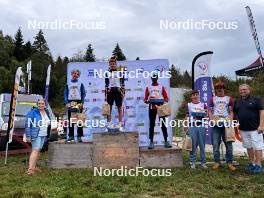 16.09.2023, La Feclaz, France (FRA): Marius Thiriat (FRA), Nans Madelenat (FRA), Frantzky Perrier (FRA), Tom Bouillet (FRA), Lois Larger (FRA), (l-r) - Biathlon Samse Summer Tour, sprint, La Feclaz (FRA). www.nordicfocus.com. © Manzoni/NordicFocus. Every downloaded picture is fee-liable.
