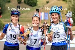 26.08.2023, Brezno-Osrblie, Slovakia (SVK): Ema Kapustova (SVK), Lora Hristova (BUL), Valentina Dimitrova (BUL), (l-r) - IBU Summer Biathlon World Championships, sprint junior women, Brezno-Osrblie (SVK). www.nordicfocus.com. © Manzoni/NordicFocus. Every downloaded picture is fee-liable.