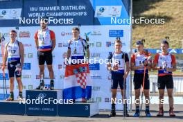 24.08.2023, Brezno-Osrblie, Slovakia (SVK): Serhii Suprun (UKR), Jan Gunka (POL), Matija Legovic (CRO), Stepan Kinash (UKR), Vitalii Mandzyn (UKR), Konrad Badacz (POL), (l-r) - IBU Summer Biathlon World Championships, super sprint junior men, Brezno-Osrblie (SVK). www.nordicfocus.com. © Manzoni/NordicFocus. Every downloaded picture is fee-liable.