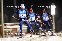 03.12.2023, Oestersund, Sweden, (SWE): Fabien Claude (FRA), Vebjoern Soerum (NOR), Vetle Sjaastad Christiansen (NOR), (l-r) - IBU World Cup Biathlon, pursuit men, Oestersund (SWE). www.nordicfocus.com. © Manzoni/NordicFocus. Every downloaded picture is fee-liable.