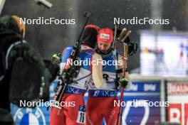 02.12.2023, Oestersund, Sweden, (SWE): Niklas Hartweg (SUI), Sebastian Stalder (SUI), (l-r), (l-r) - IBU World Cup Biathlon, sprint men, Oestersund (SWE). www.nordicfocus.com. © Manzoni/NordicFocus. Every downloaded picture is fee-liable.