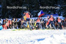 17.12.2023, Lenzerheide, Switzerland (SUI): Johannes Thingnes Boe (NOR), Tarjei Boe (NOR), Didier Bionaz (ITA), Philipp Nawrath (GER), (l-r) - IBU World Cup Biathlon, mass men, Lenzerheide (SUI). www.nordicfocus.com. © Manzoni/NordicFocus. Every downloaded picture is fee-liable.