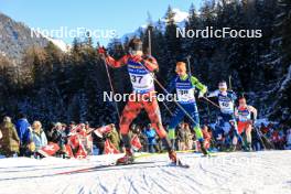 16.12.2023, Lenzerheide, Switzerland (SUI): Maksim Makarov (MDA), Jakov Fak (SLO), Joni Mustonen (FIN), (l-r) - IBU World Cup Biathlon, pursuit men, Lenzerheide (SUI). www.nordicfocus.com. © Manzoni/NordicFocus. Every downloaded picture is fee-liable.