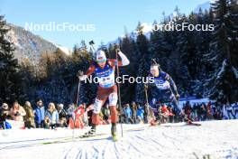 16.12.2023, Lenzerheide, Switzerland (SUI): Andrejs Rastorgujevs (LAT), Emilien Jacquelin (FRA), (l-r) - IBU World Cup Biathlon, pursuit men, Lenzerheide (SUI). www.nordicfocus.com. © Manzoni/NordicFocus. Every downloaded picture is fee-liable.