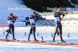 16.12.2023, Lenzerheide, Switzerland (SUI): Johannes Dale-Skjevdal (NOR), Sturla Holm Laegreid (NOR), Johannes Kuehn (GER), (l-r) - IBU World Cup Biathlon, pursuit men, Lenzerheide (SUI). www.nordicfocus.com. © Manzoni/NordicFocus. Every downloaded picture is fee-liable.