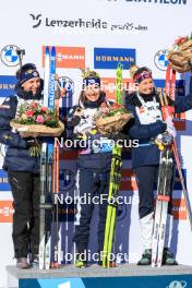 16.12.2023, Lenzerheide, Switzerland (SUI): Julia Simon (FRA), Justine Braisaz-Bouchet (FRA), Marit Ishol Skogan (NOR), (l-r) - IBU World Cup Biathlon, pursuit women, Lenzerheide (SUI). www.nordicfocus.com. © Manzoni/NordicFocus. Every downloaded picture is fee-liable.