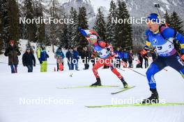 15.12.2023, Lenzerheide, Switzerland (SUI): Felix Leitner (AUT), Dmytro Pidruchnyi (UKR), (l-r) - IBU World Cup Biathlon, sprint men, Lenzerheide (SUI). www.nordicfocus.com. © Manzoni/NordicFocus. Every downloaded picture is fee-liable.