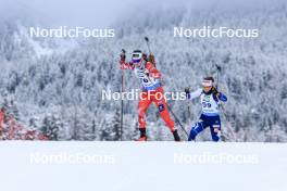 14.12.2023, Lenzerheide, Switzerland (SUI): Kristina Oberthaler (AUT), Sonja Leinamo (FIN), (l-r) - IBU World Cup Biathlon, sprint women, Lenzerheide (SUI). www.nordicfocus.com. © Manzoni/NordicFocus. Every downloaded picture is fee-liable.