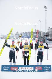 17.03.2023, Falun, Sweden (SWE): Martin Loewstroem Nyenget (NOR), Johannes Hoesflot Klaebo (NOR), Harald Oestberg Amundsen (NOR), (l-r) - FIS world cup cross-country, 10km, Falun (SWE). www.nordicfocus.com. © Modica/NordicFocus. Every downloaded picture is fee-liable.