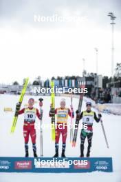 18.03.2023, Falun, Sweden (SWE): Erik Valnes (NOR), Johannes Hoesflot Klaebo (NOR), Federico Pellegrino (ITA), (l-r) - FIS world cup cross-country, individual sprint, Falun (SWE). www.nordicfocus.com. © Modica/NordicFocus. Every downloaded picture is fee-liable.