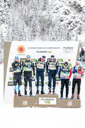 26.02.2023, Planica, Slovenia (SLO): Federico Pellegrino (ITA), Francesco De Fabiani (ITA), Johannes Hoesflot Klaebo (NOR), Paal Golberg (NOR), Richard Jouve (FRA), Renaud Jay (FRA), (l-r) - FIS nordic world ski championships cross-country, team sprint, Planica (SLO). www.nordicfocus.com. © Modica/NordicFocus. Every downloaded picture is fee-liable.