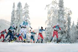 26.11.2023, Ruka, Finland (FIN): Hugo Lapalus (FRA), William Poromaa (SWE), Andrew Musgrave (GBR), Michal Novak (CZE), Johannes Hoesflot Klaebo (NOR), (l-r)  - FIS world cup cross-country, mass, Ruka (FIN). www.nordicfocus.com. © Modica/NordicFocus. Every downloaded picture is fee-liable.