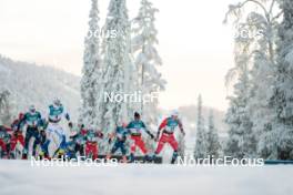 26.11.2023, Ruka, Finland (FIN): Hugo Lapalus (FRA), William Poromaa (SWE), Paal Golberg (NOR), Andrew Musgrave (GBR), Michal Novak (CZE), Johannes Hoesflot Klaebo (NOR), (l-r)  - FIS world cup cross-country, mass, Ruka (FIN). www.nordicfocus.com. © Modica/NordicFocus. Every downloaded picture is fee-liable.