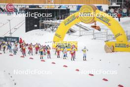 16.12.2023, Trondheim, Norway (NOR): Johannes Hoesflot Klaebo (NOR), Henrik Doennestad (NOR), Calle Halfvarsson (SWE) heading the race - FIS world cup cross-country, skiathlon, Trondheim (NOR). www.nordicfocus.com. © Modica/NordicFocus. Every downloaded picture is fee-liable.