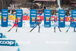 30.12.2023, Toblach, Italy (ITA): Janik Riebli (SUI), Lucas Chanavat (FRA), Edvin Anger (SWE), Joni Maki (FIN), (l-r)  - FIS world cup cross-country, tour de ski, individual sprint, Toblach (ITA). www.nordicfocus.com. © Modica/NordicFocus. Every downloaded picture is fee-liable.
