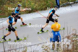 20.10.2023, Ramsau am Dachstein, Austria (AUT): Tristan Sommerfeldt (GER), Manuel Faisst (GER), Terence Weber (GER), (l-r) - Nordic Combined summer training, Ramsau am Dachstein (AUT). www.nordicfocus.com. © Manzoni/NordicFocus. Every downloaded picture is fee-liable.