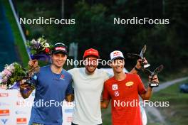 02.09.2023, Villach, Austria (AUT): Terence Weber (GER), Johannes Rydzek (GER), Johannes Lamparter (AUT), (l-r) - FIS Nordic Combined Summer Grand Prix men and women, compact sprint HS98/7.5km men, Villach (AUT). www.nordicfocus.com. © Volk/NordicFocus. Every downloaded picture is fee-liable.