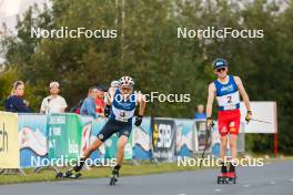 02.09.2023, Villach, Austria (AUT): Ilkka Herola (FIN), Stefan Rettenegger (AUT), (l-r)  - FIS Nordic Combined Summer Grand Prix men and women, compact sprint HS98/7.5km men, Villach (AUT). www.nordicfocus.com. © Volk/NordicFocus. Every downloaded picture is fee-liable.