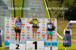 03.09.2023, Villach, Austria (AUT): Nathalie Armbruster (GER), Ema Volavsek (SLO), Svenja Wuerth (GER), (l-r) - FIS Nordic Combined Summer Grand Prix men and women, individual gundersen HS98/5km women, Villach (AUT). www.nordicfocus.com. © Volk/NordicFocus. Every downloaded picture is fee-liable.