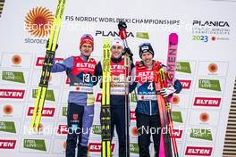 25.02.2023, Planica, Slovenia (SLO): Julian Schmid (GER), Jarl Magnus Riiber (NOR), Franz-Josef Rehrl (AUT), (l-r) - FIS nordic world ski championships nordic combined men, individual gundersen HS100/10km, Planica (SLO). www.nordicfocus.com. © Thibaut/NordicFocus. Every downloaded picture is fee-liable.