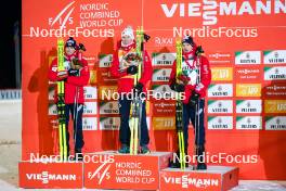 24.11.2023, Ruka, Finland (FIN): Jarl Magnus Riiber (NOR), Jens Luraas Oftebro (NOR), Joergen Graabak (NOR), (l-r) - FIS world cup nordic combined men, compact HS142/7.5km, Ruka (FIN). www.nordicfocus.com. © Thibaut/NordicFocus. Every downloaded picture is fee-liable.