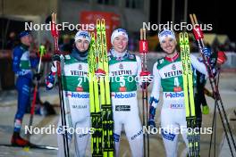 24.11.2023, Ruka, Finland (FIN): Jarl Magnus Riiber (NOR), Jens Luraas Oftebro (NOR), Joergen Graabak (NOR), (l-r)  - FIS world cup nordic combined men, compact HS142/7.5km, Ruka (FIN). www.nordicfocus.com. © Thibaut/NordicFocus. Every downloaded picture is fee-liable.