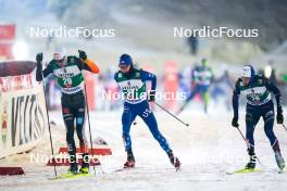 24.11.2023, Ruka, Finland (FIN): Vinzenz Geiger (GER), Stephen Schumann (USA), Laurent Muhlethaler (FRA), (l-r)  - FIS world cup nordic combined men, compact HS142/7.5km, Ruka (FIN). www.nordicfocus.com. © Thibaut/NordicFocus. Every downloaded picture is fee-liable.