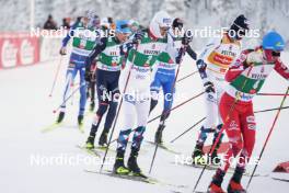 26.11.2023, Ruka, Finland (FIN): Joergen Graabak (NOR), Jarl Magnus Riiber (NOR), Stefan Rettenegger (AUT), (l-r)  - FIS world cup nordic combined men, mass HS142/10km, Ruka (FIN). www.nordicfocus.com. © Thibaut/NordicFocus. Every downloaded picture is fee-liable.